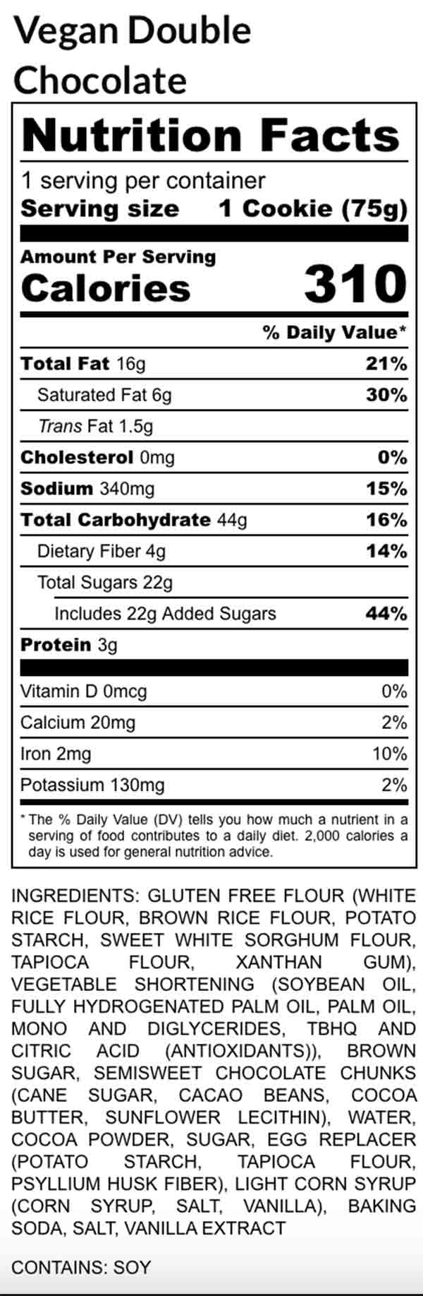 Nutrition facts GF + Vegan Double Chocolate x6