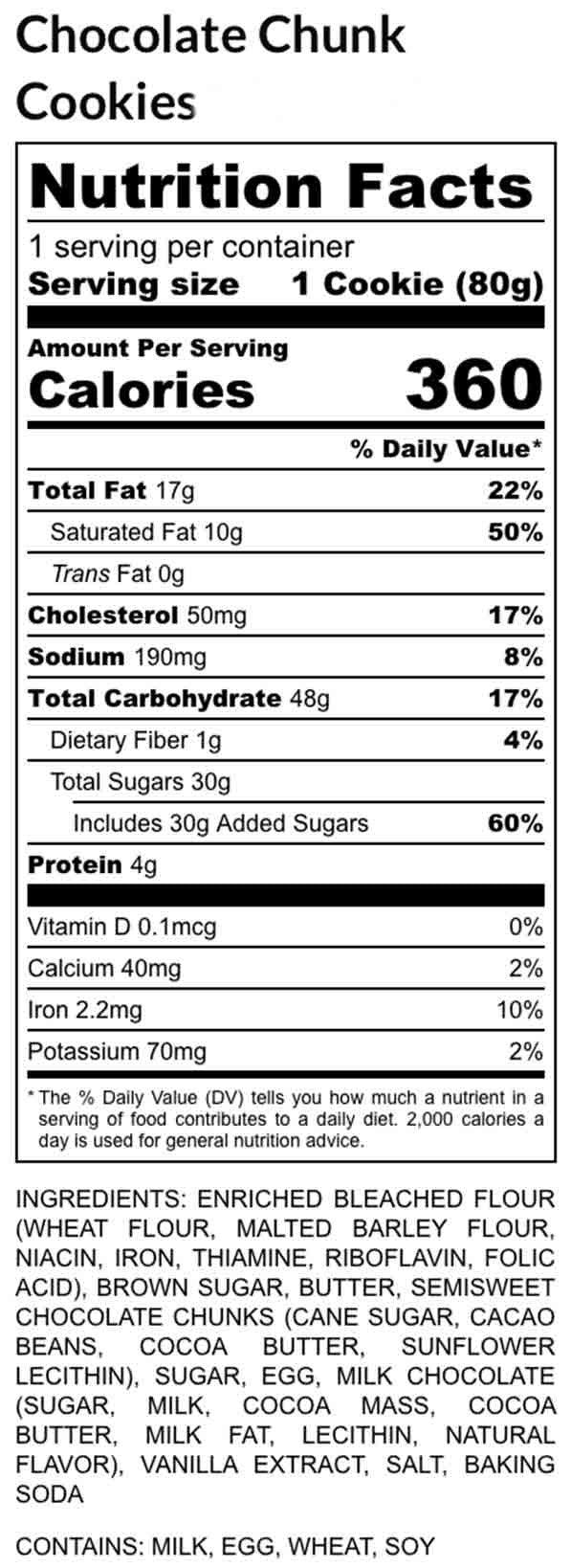 Nutrition facts label for a cookie with detailed nutritional information.
